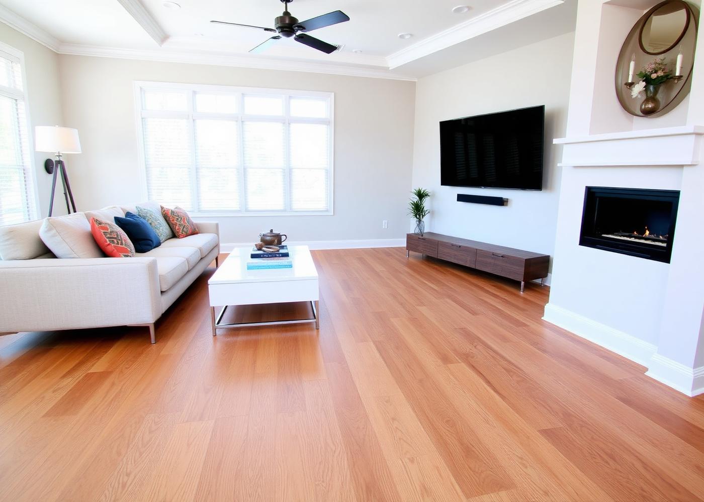 Wide plank flooring in living room